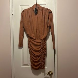 NWT JLUX label brown dress with shoulder pads long sleeve